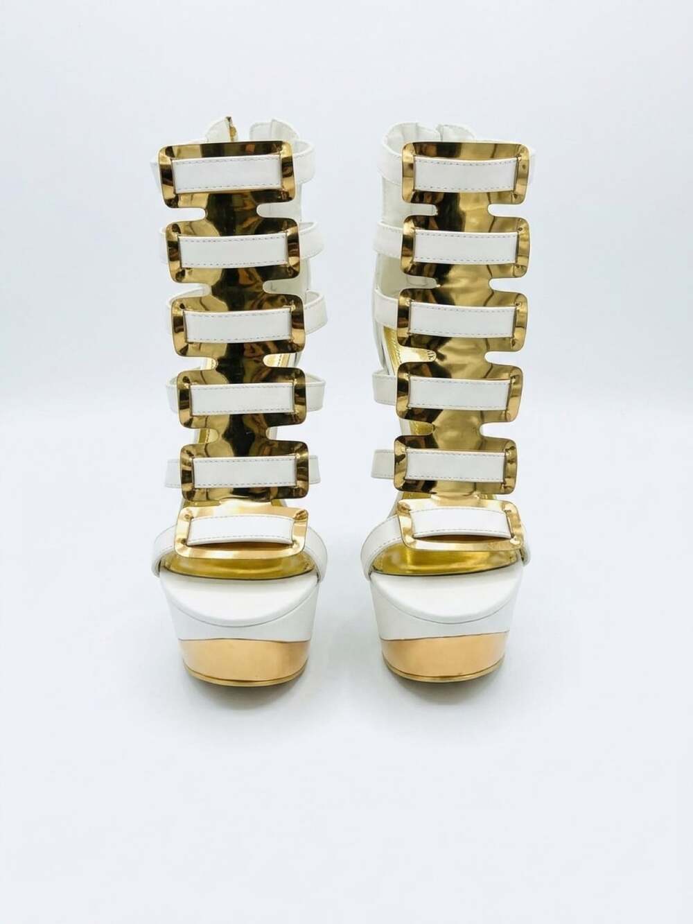 Shiekh White and Gold Strappy Platform High Heel Stiletto Sandals Size 8.5